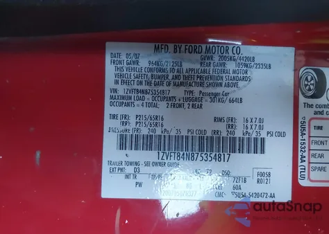 2007 Ford Mustang V6 Deluxe/V6 Premium из США, поврежденный, VIN 1ZVFT84N875354817